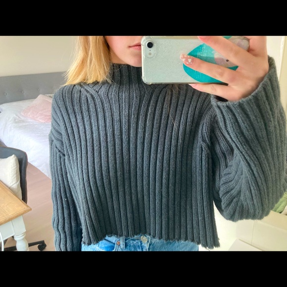 Cropped Deep Turquoise Grey Knit Turtleneck - Picture 1 of 4